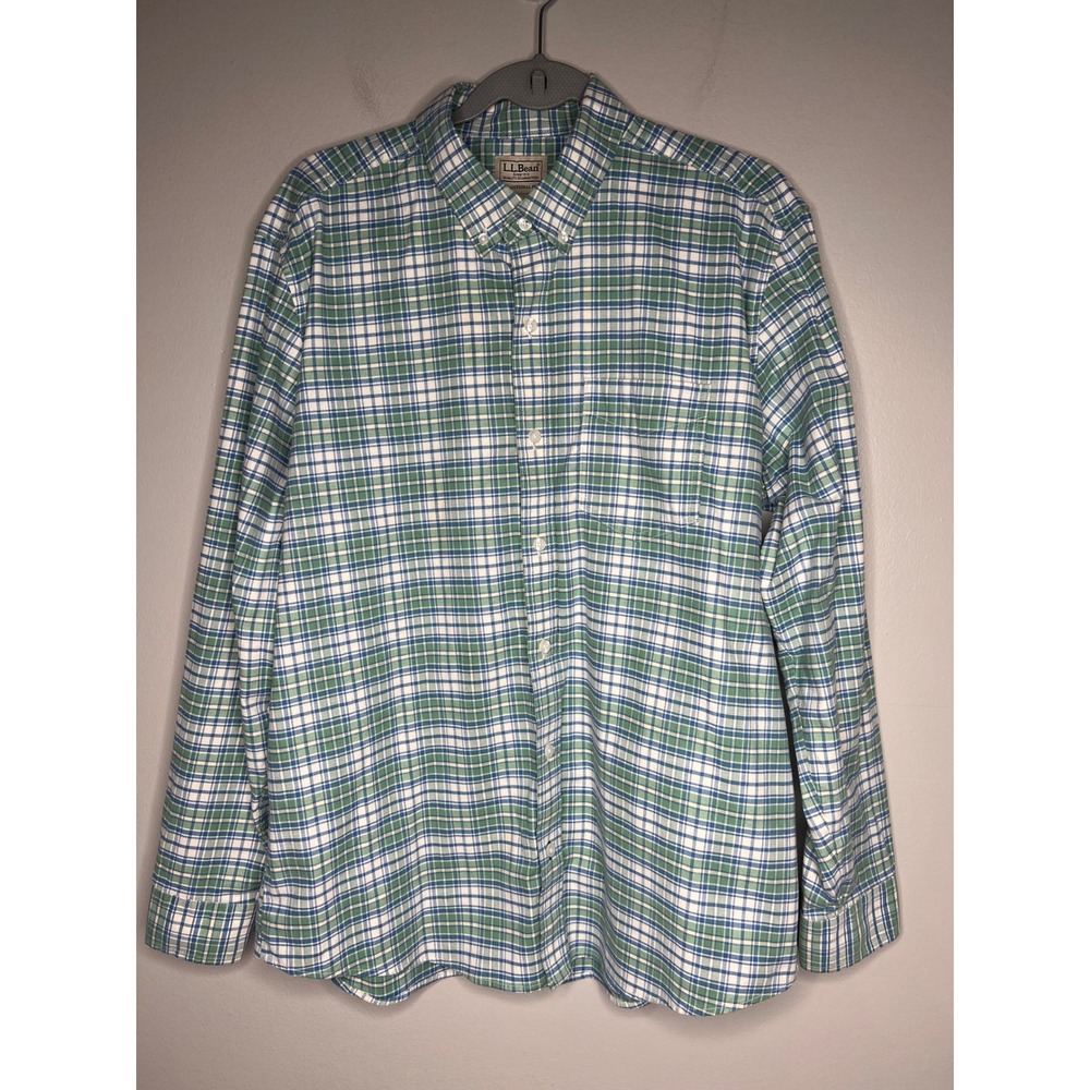 LL Bean Plaid Button Down Shirt Green Blue Preppy Coastal Traditional Fit Mens M